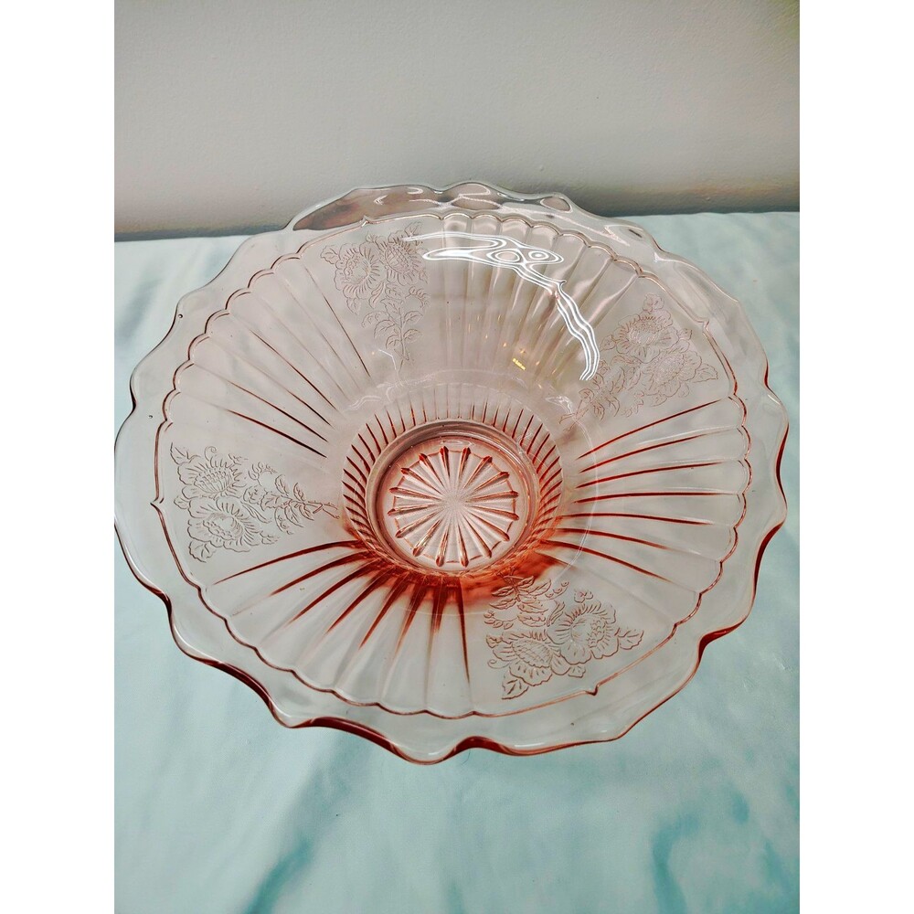 VTG Depression Glass Floral Round Fruit Bowl with Scalloped Rim Decorative